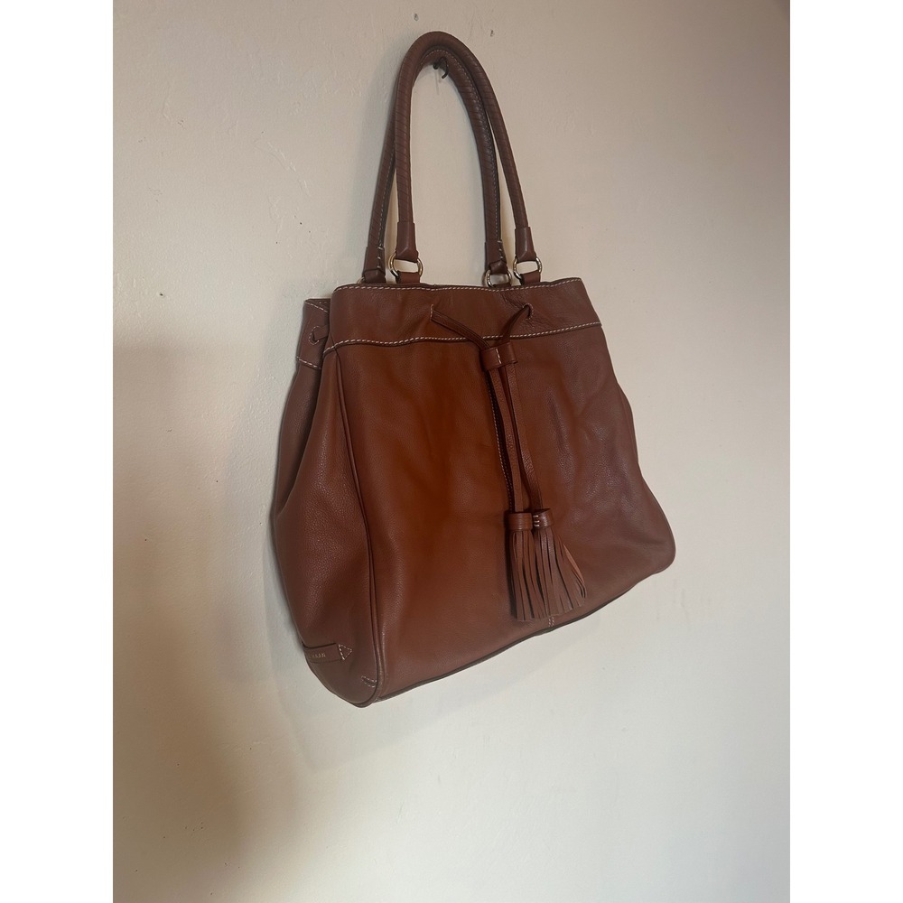 Cole Haan Brown Pebbled Leather‎ Tote Shoulder Bag Tassel Drawstring Whipstitch